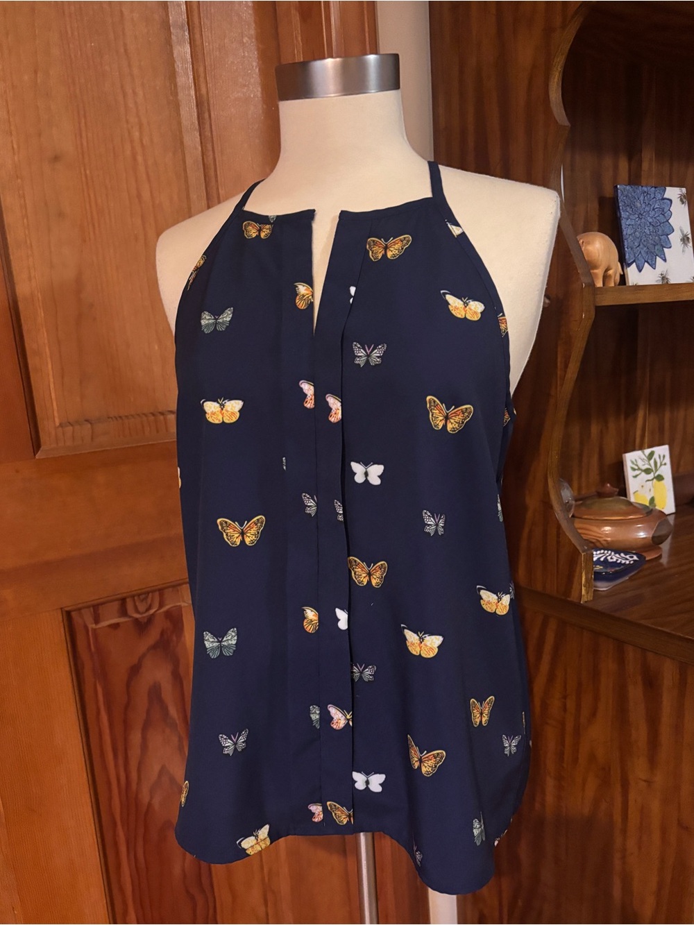 Navy Butterfly Halter Tank Top L